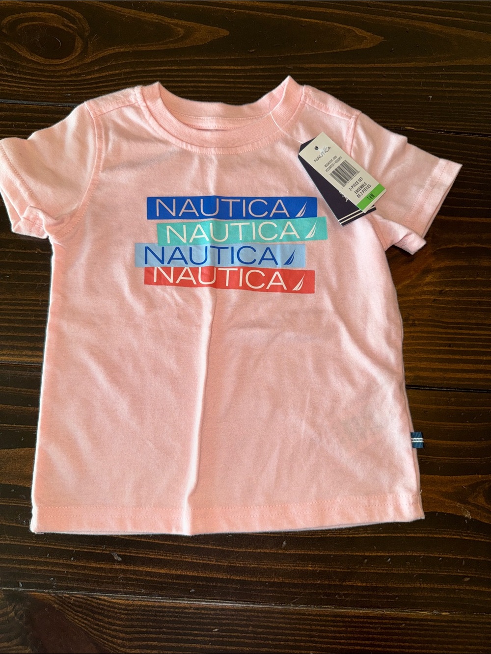 Nautica Pink Tee with Blue, Teal and Red Logo Stripes